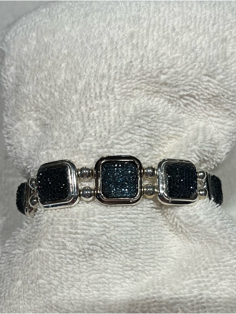 Blue & Silver Crystal Square Link Stretch Sparkling Bracelet - Women Jewelry